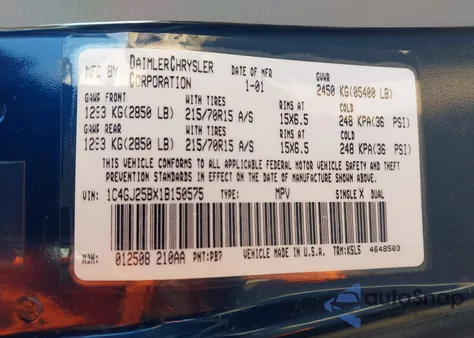 2001 Chrysler Voyager z USA, uszkodzony, nr VIN 1C4GJ25BX1B150575